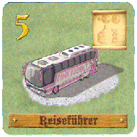 Reiseführer mit pinkem Reisebus