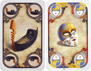 Zwei der sieben Karten: Gondel und Maske