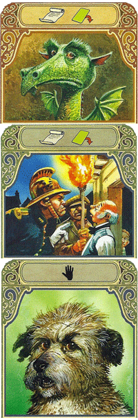 Karten mit verschiedenen Charakteren, die im Spiel agieren: Errol, Die Feuerwehr und Gaspode