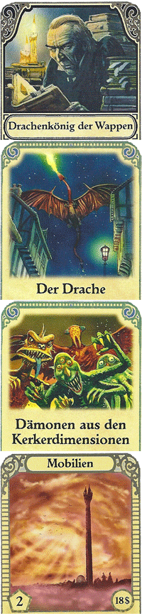 diverse Karten: Charakterkarte, zwei Ereignisse, Stadtteilkarte
